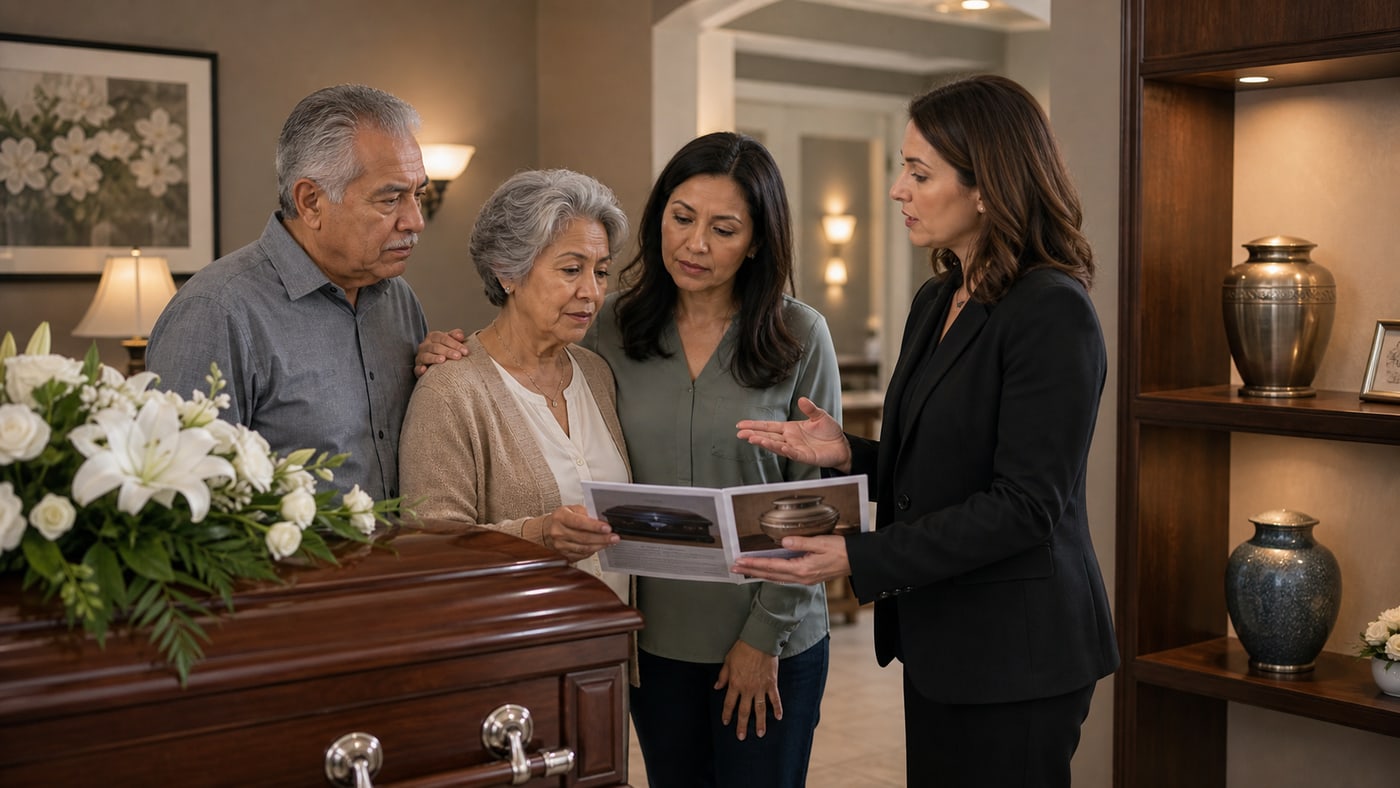Latino senior couple and adult daughter comparing burial and cremation choices with a funeral director
