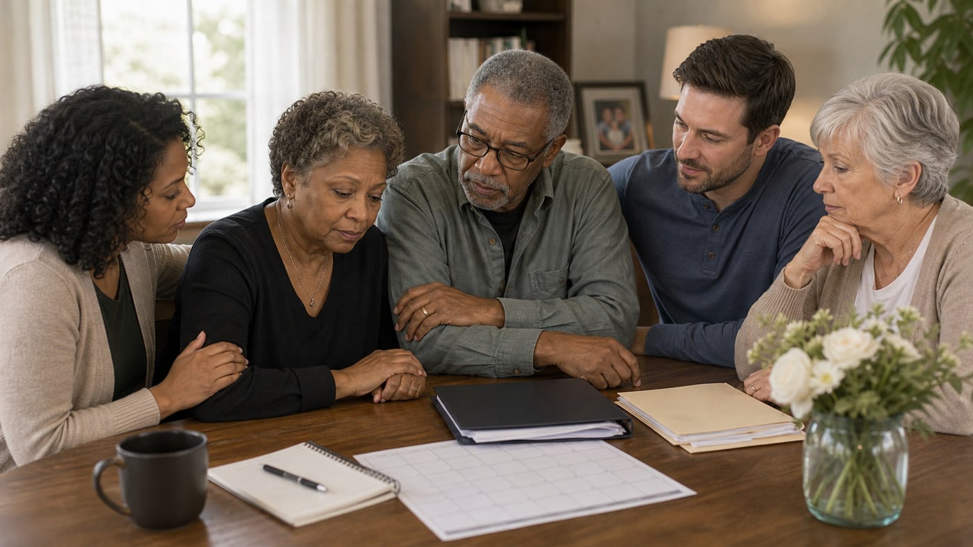 Diverse family using a calendar and checklist after a memorial service