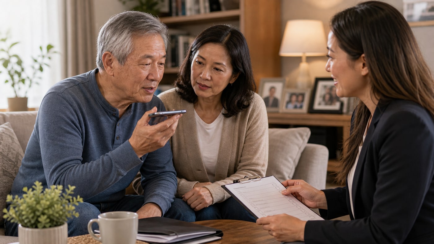 Asian American senior man and adult daughter reviewing a guaranteed acceptance checklist during a phone call