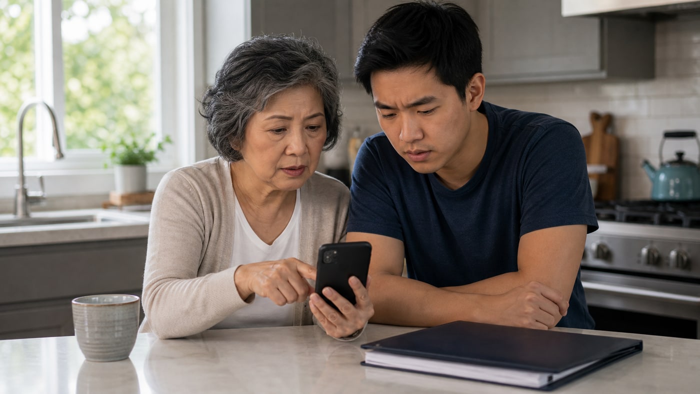 Asian American senior woman and adult grandson checking a suspicious phone message