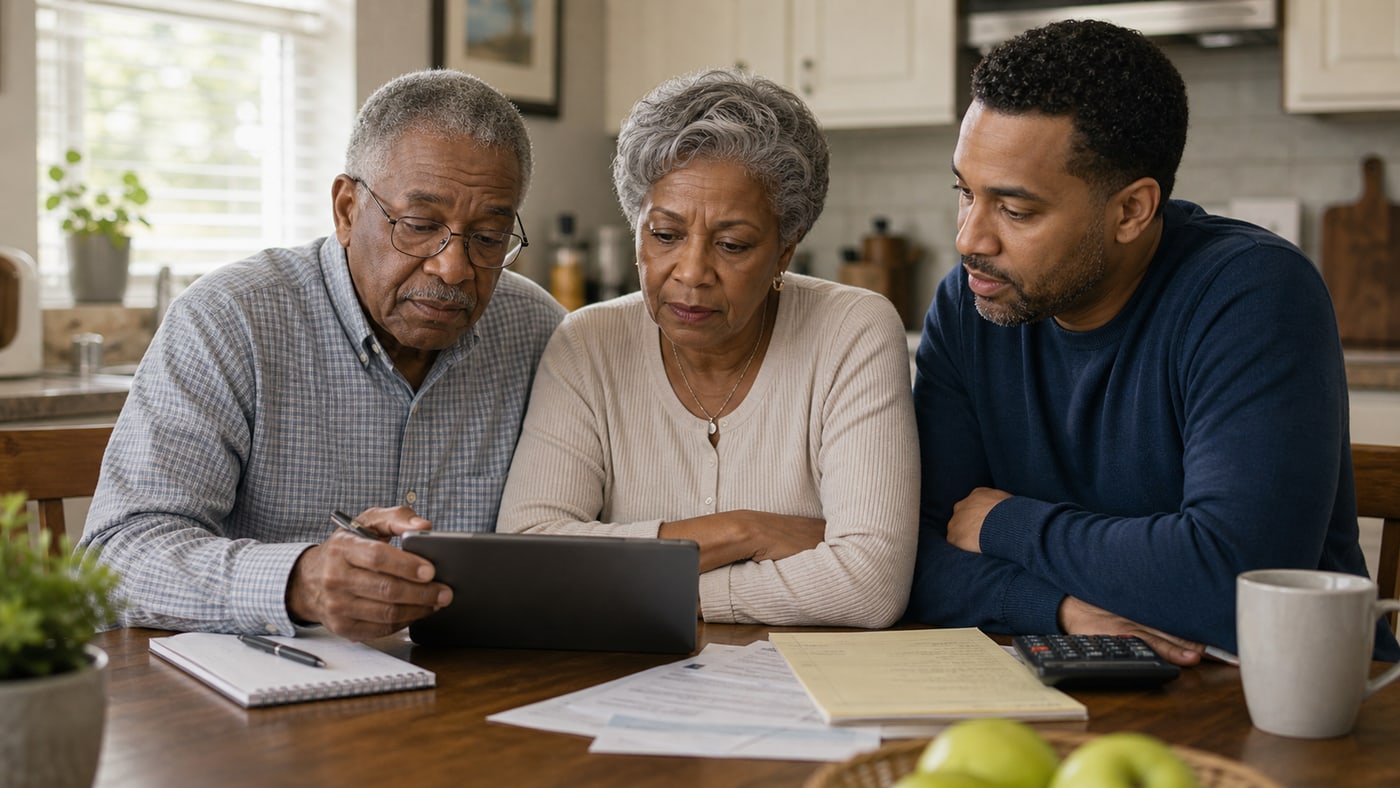 Black senior couple and adult son reviewing Social Security death benefit notes with a calculator