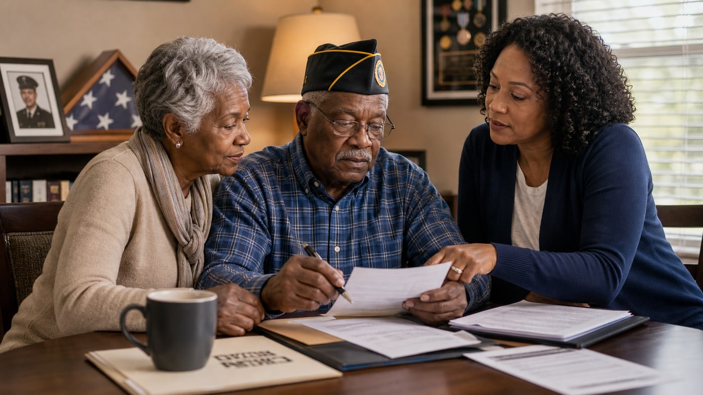 Black senior veteran and family reviewing burial benefit paperwork beside a folded flag display