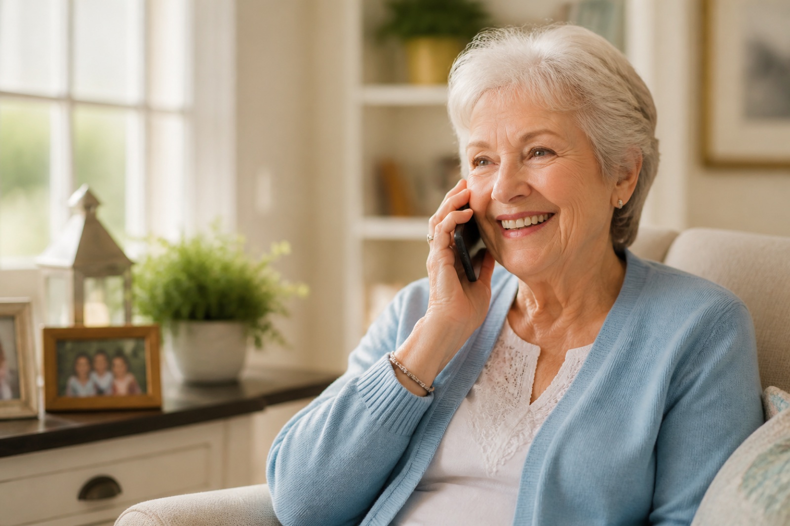 A cheerful older woman having a friendly phone conversation at home