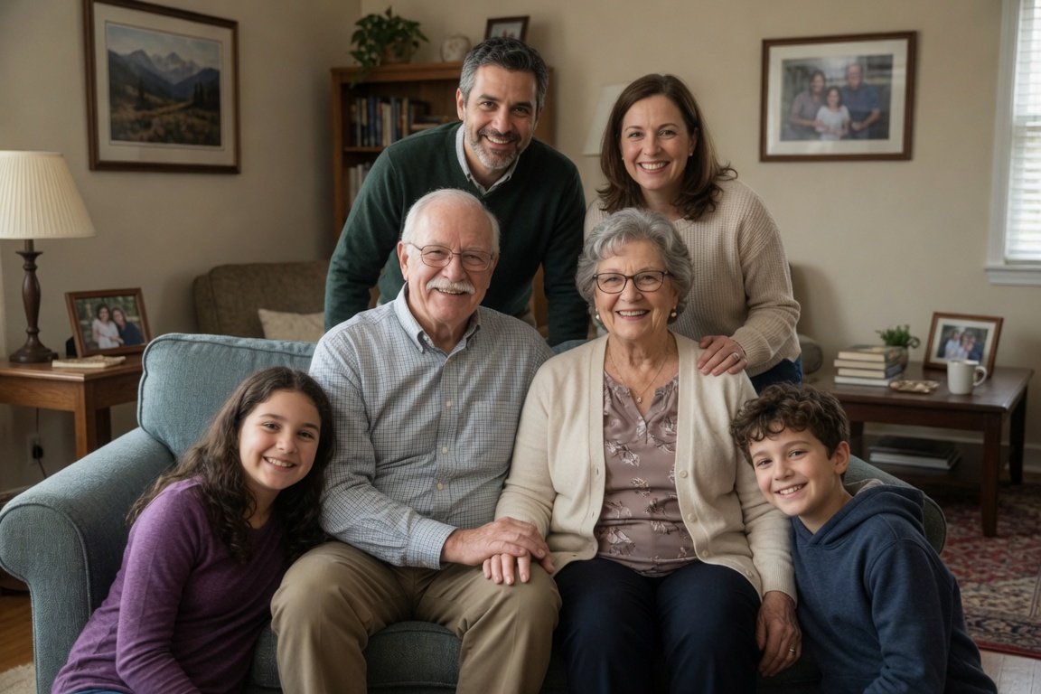 Three generations of a family gathered together in their living room
