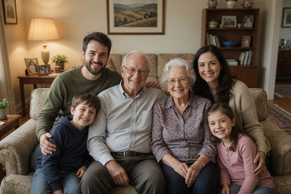 Grandparents with their adult children and grandchildren at home