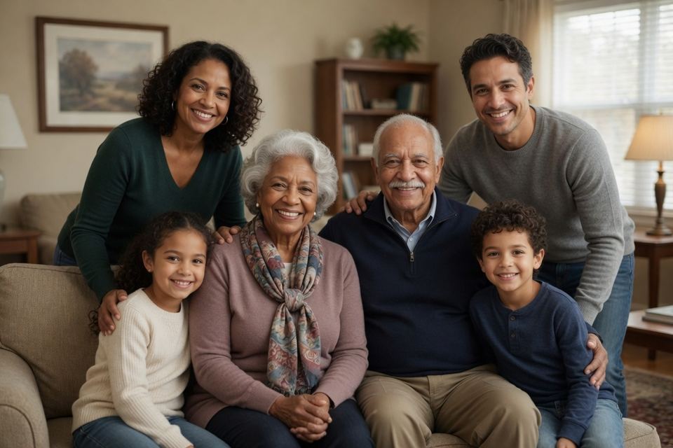 A smiling three-generation family gathered in their living room