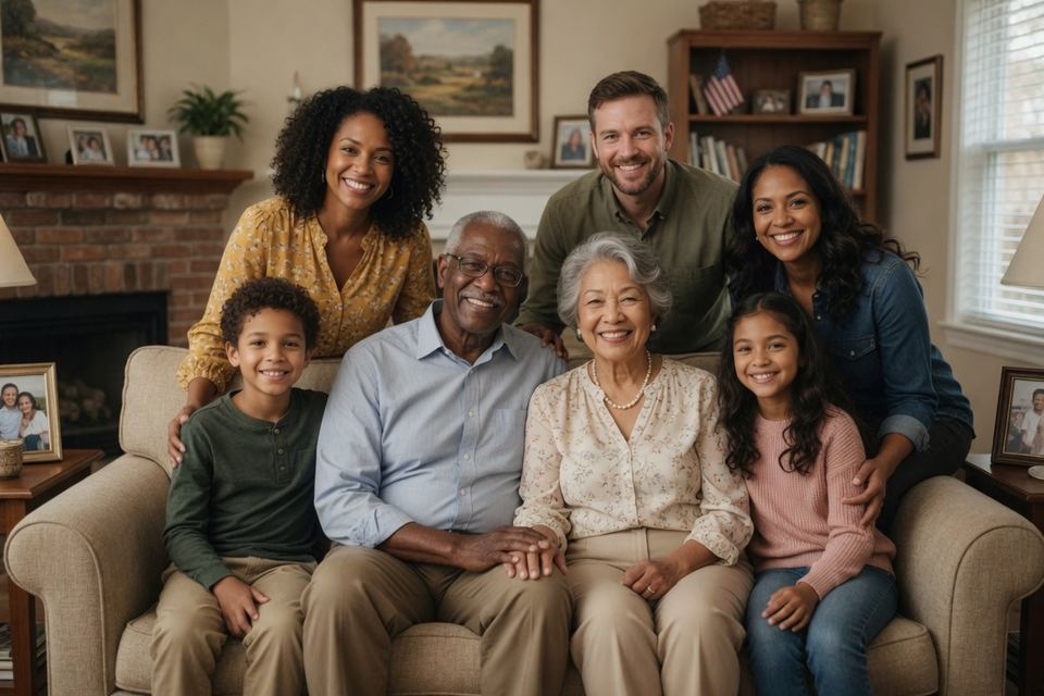 A multi-generation family sitting together on a couch in their living room