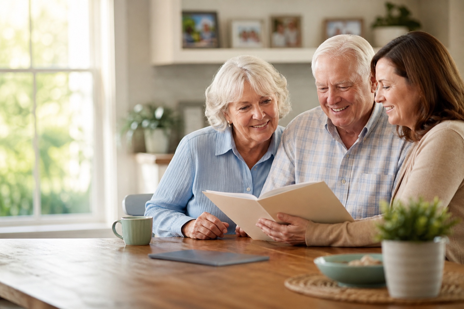 An older couple and their adult daughter reviewing a simple family planning folder together