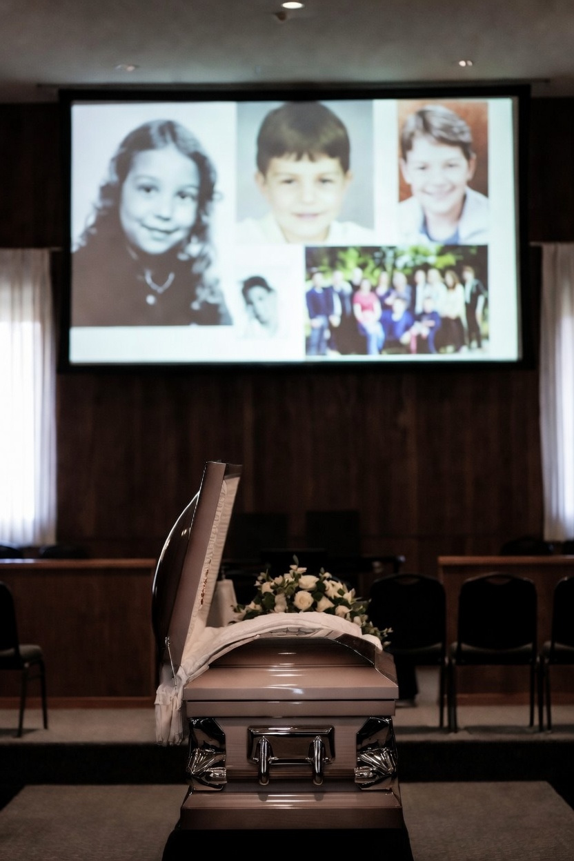 A casket with white roses at a funeral home while childhood photos play on a screen