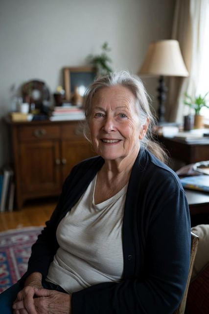 An older woman at home, relaxed and smiling during a conversation