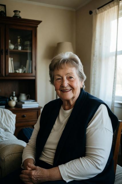 A smiling older woman sitting comfortably in her living room